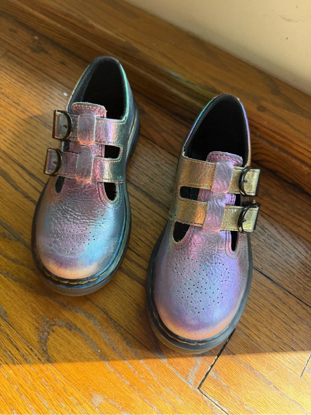 Kids Iridescent Double-Strap Mary Jane Shoes - Shimmer Purple -dr maritin. Size